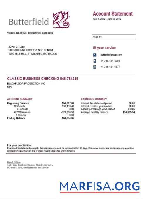 Downloadable Barbados Butterfield bank statement word real example